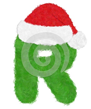 3D Ã¢â¬ÅGreen wool fur feather letterÃ¢â¬Â creative decorative with Red Christmas hat, Character R isolated in white background